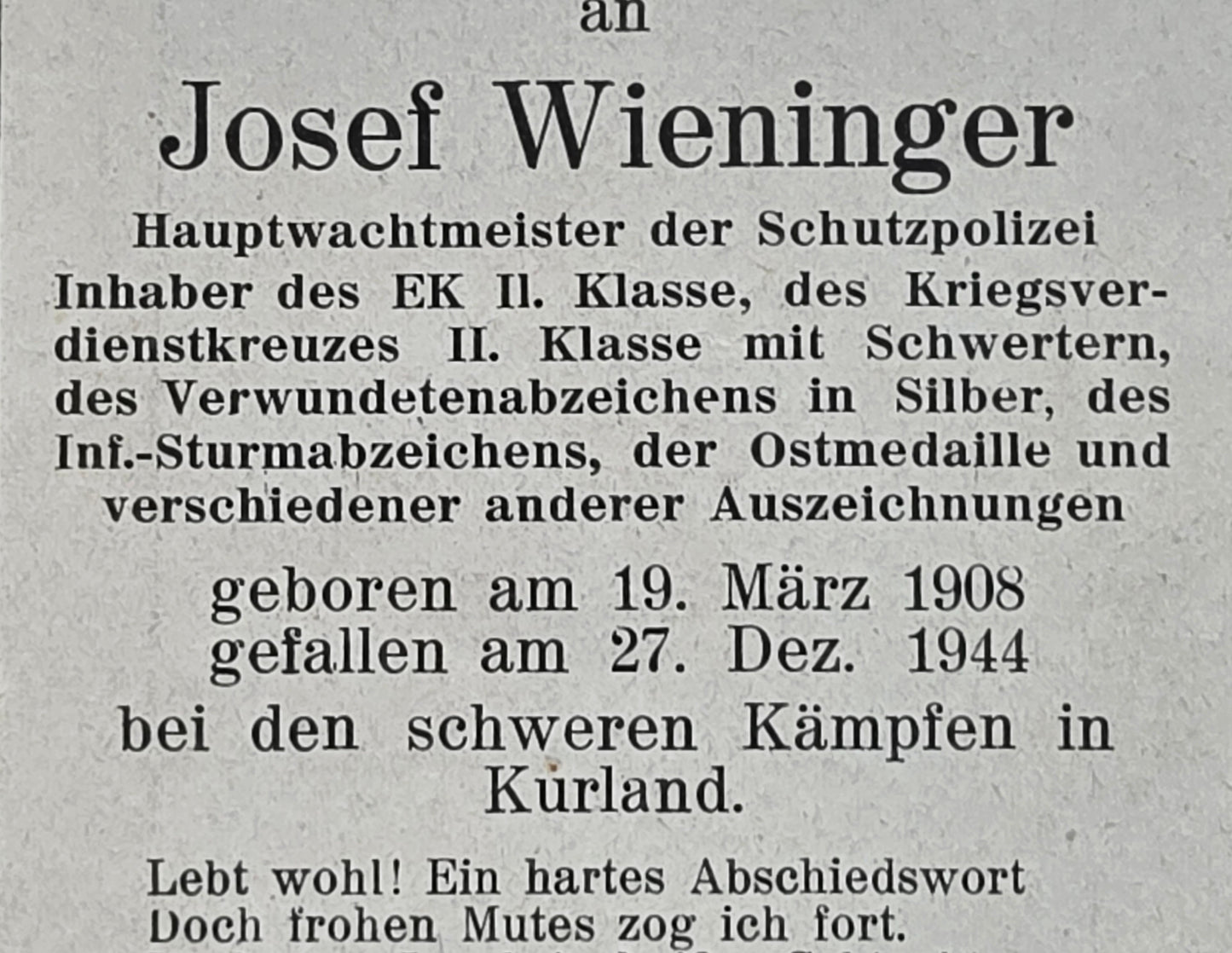 Sterbebild Hauptwachtmeister Passau Schutzpolizei Vanagi Kurland Lettland