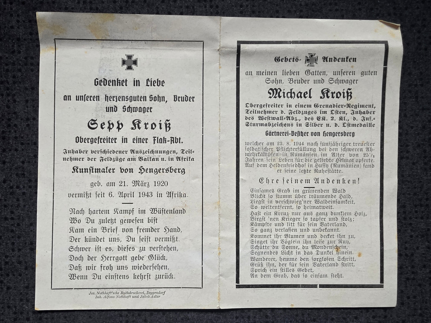 Sterbebild Brüder Hengersberg Obergefreiter Flak Abt. Afrika Obergefreiter Husi Rumänien