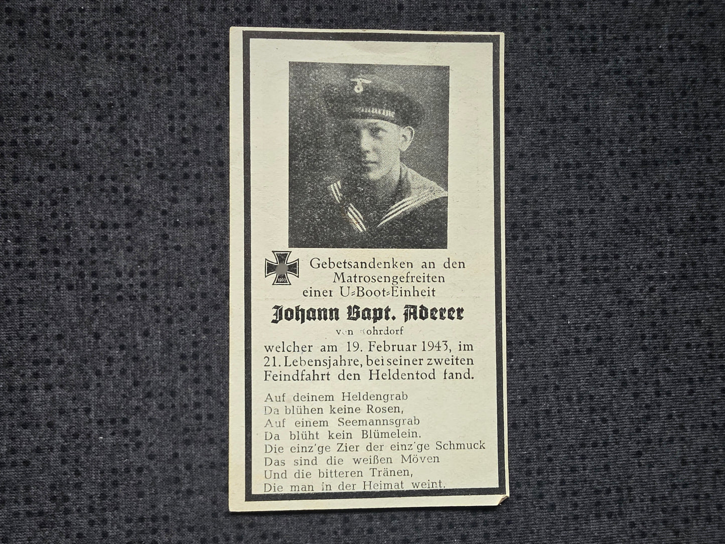 Sterbebild MatrGefr Rosenheim 1. U-Flottille U-Boot 268 (VII C) Biskaya Atlantik Frankreich