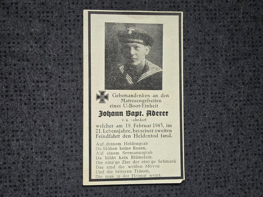 Sterbebild MatrGefr Rosenheim 1. U-Flottille U-Boot 268 (VII C) Biskaya Atlantik Frankreich