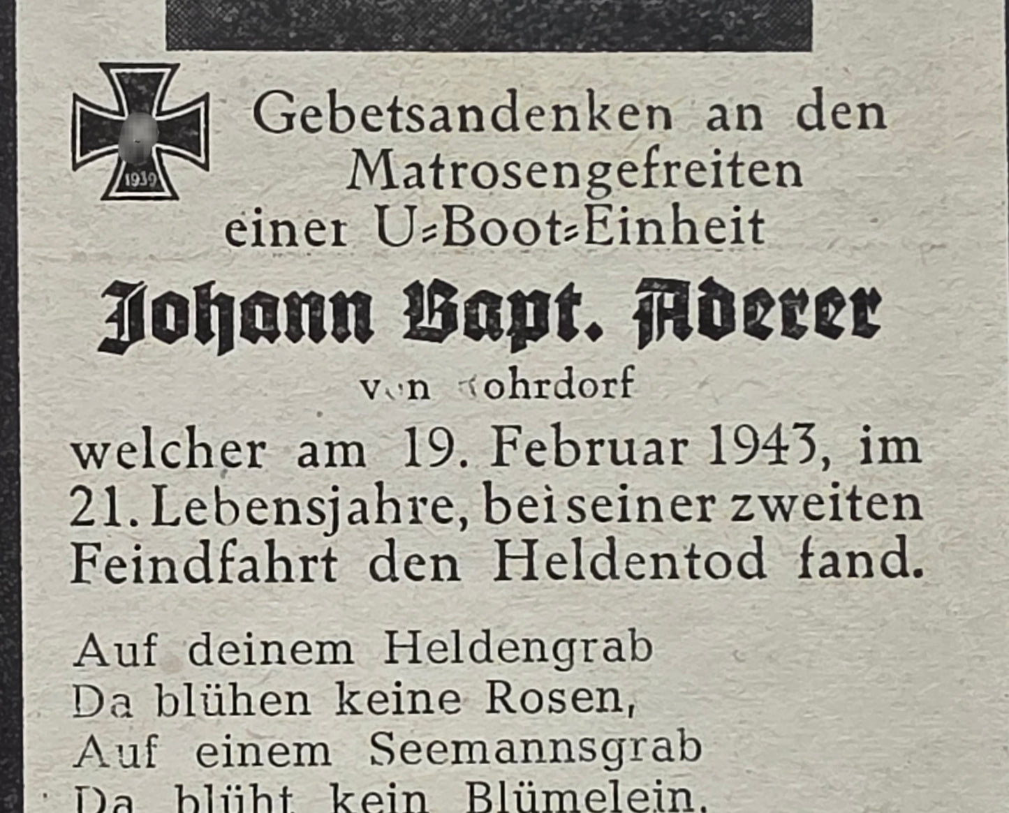 Sterbebild MatrGefr Rosenheim 1. U-Flottille U-Boot 268 (VII C) Biskaya Atlantik Frankreich