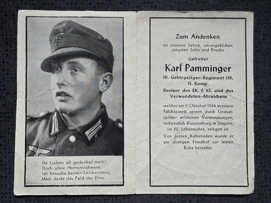 Sterbebild Gefreiter Salzburg III Geb.-Jäger Regt. 138/11 Kp. Grabfoto Klausenburg Miskolc Ungarn