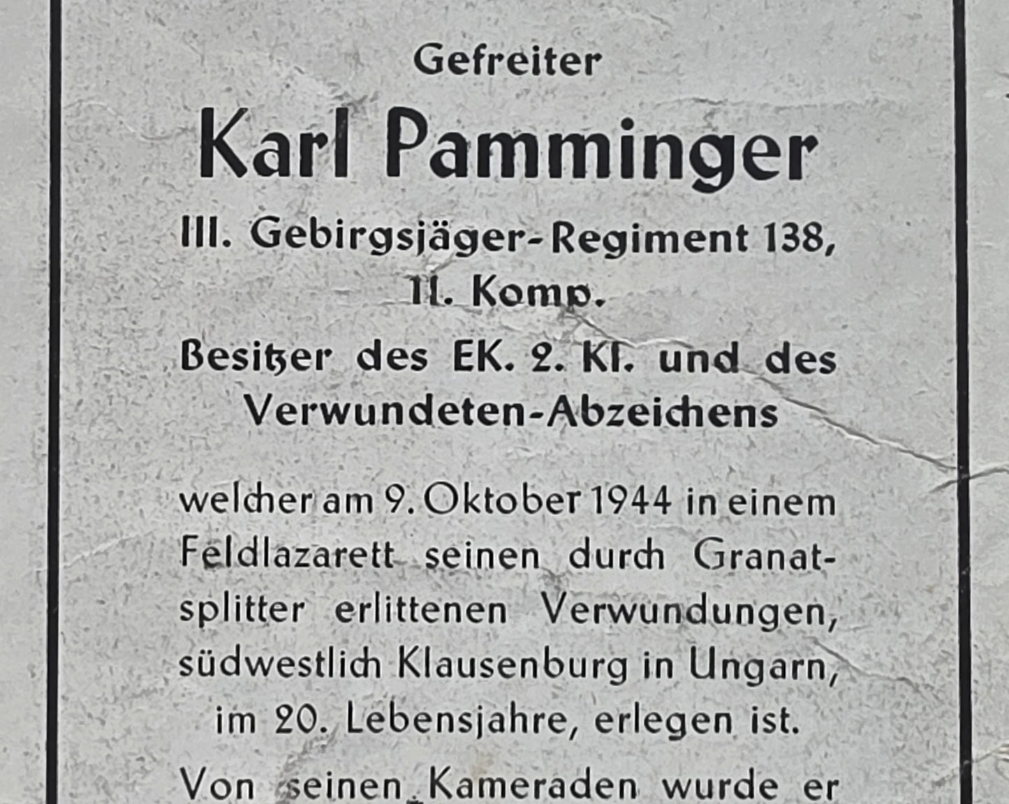 Sterbebild Gefreiter Salzburg III Geb.-Jäger Regt. 138/11 Kp. Grabfoto Klausenburg Miskolc Ungarn