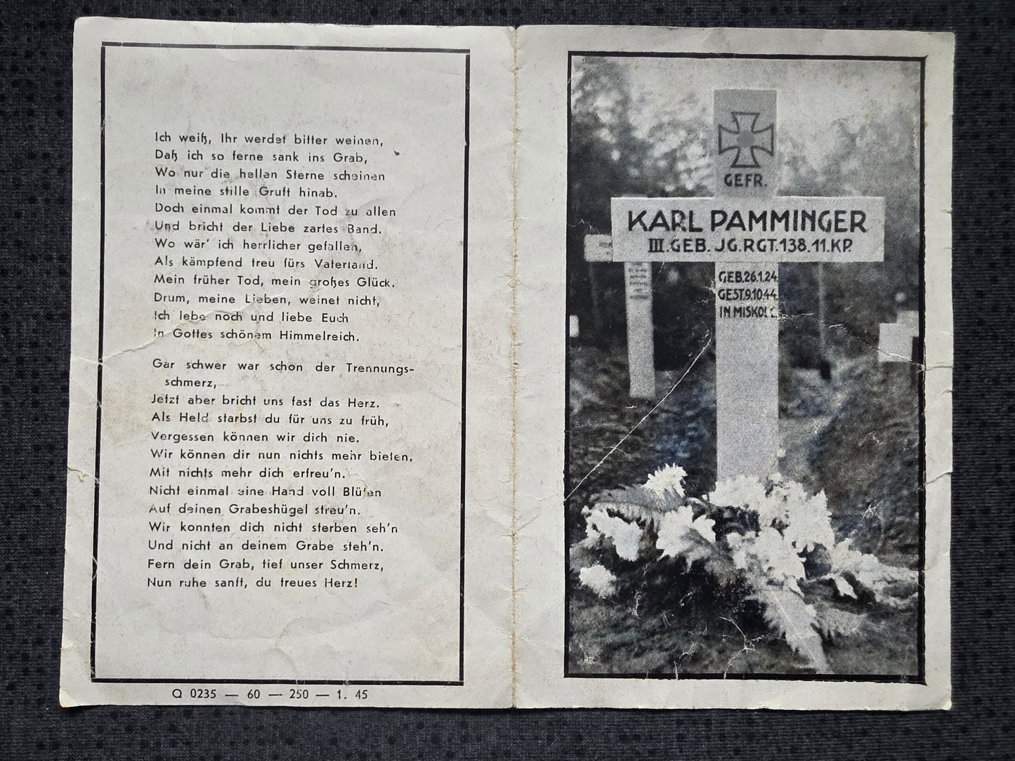 Sterbebild Gefreiter Salzburg III Geb.-Jäger Regt. 138/11 Kp. Grabfoto Klausenburg Miskolc Ungarn