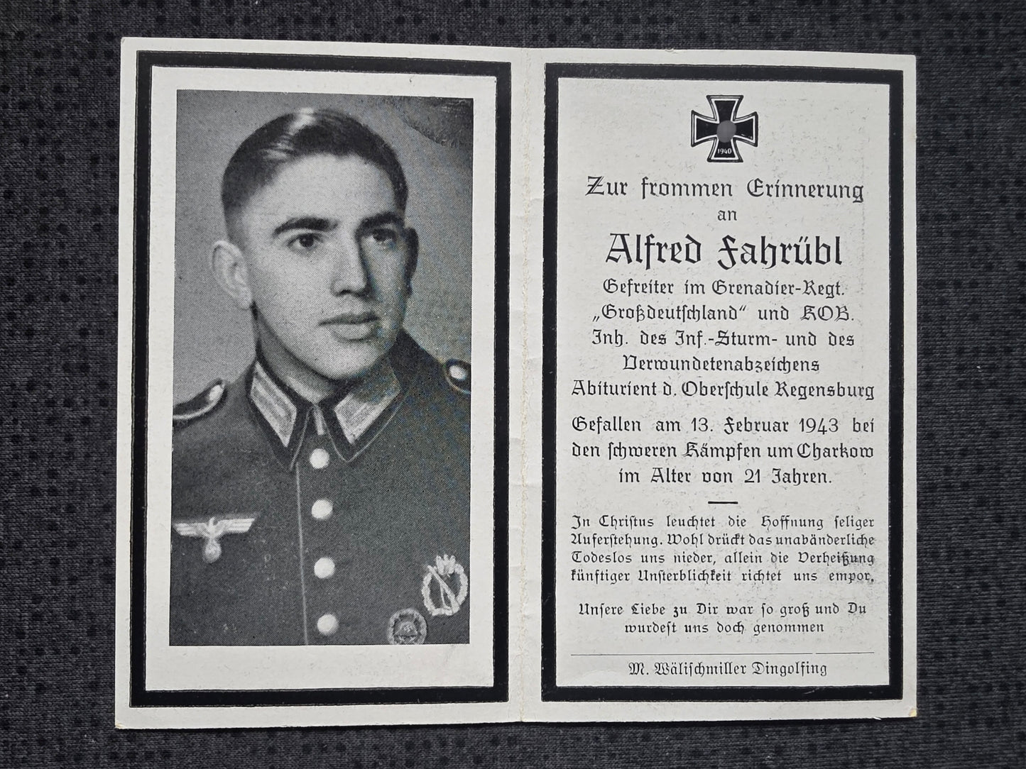 Sterbebild Gefreiter Mamming 7. Komp. Gren. Regt. "Großdeutschland" GD Charkow Ukraine