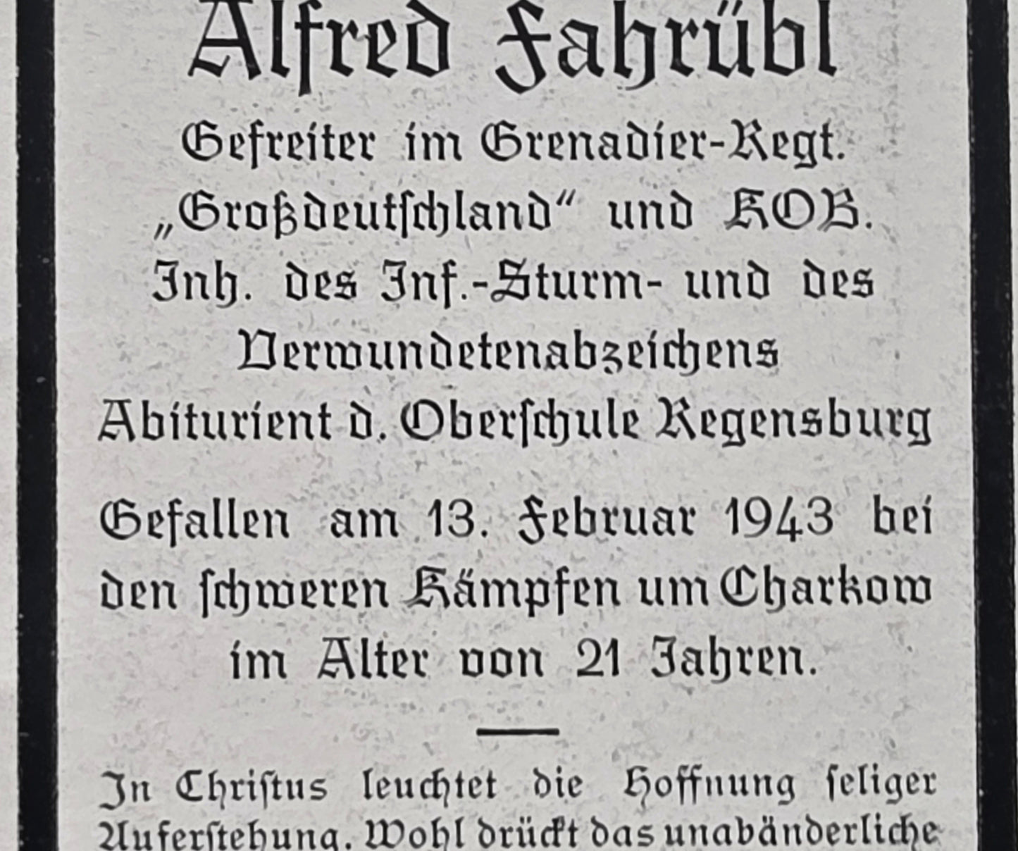 Sterbebild Gefreiter Mamming 7. Komp. Gren. Regt. "Großdeutschland" GD Charkow Ukraine