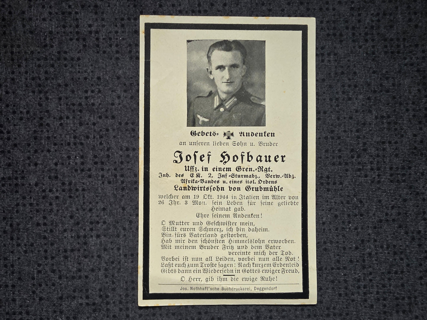 Sterbebild Unteroffizier Grubmühle Grenadier Regt. Italienischer Orden Afrika-Spange Italien