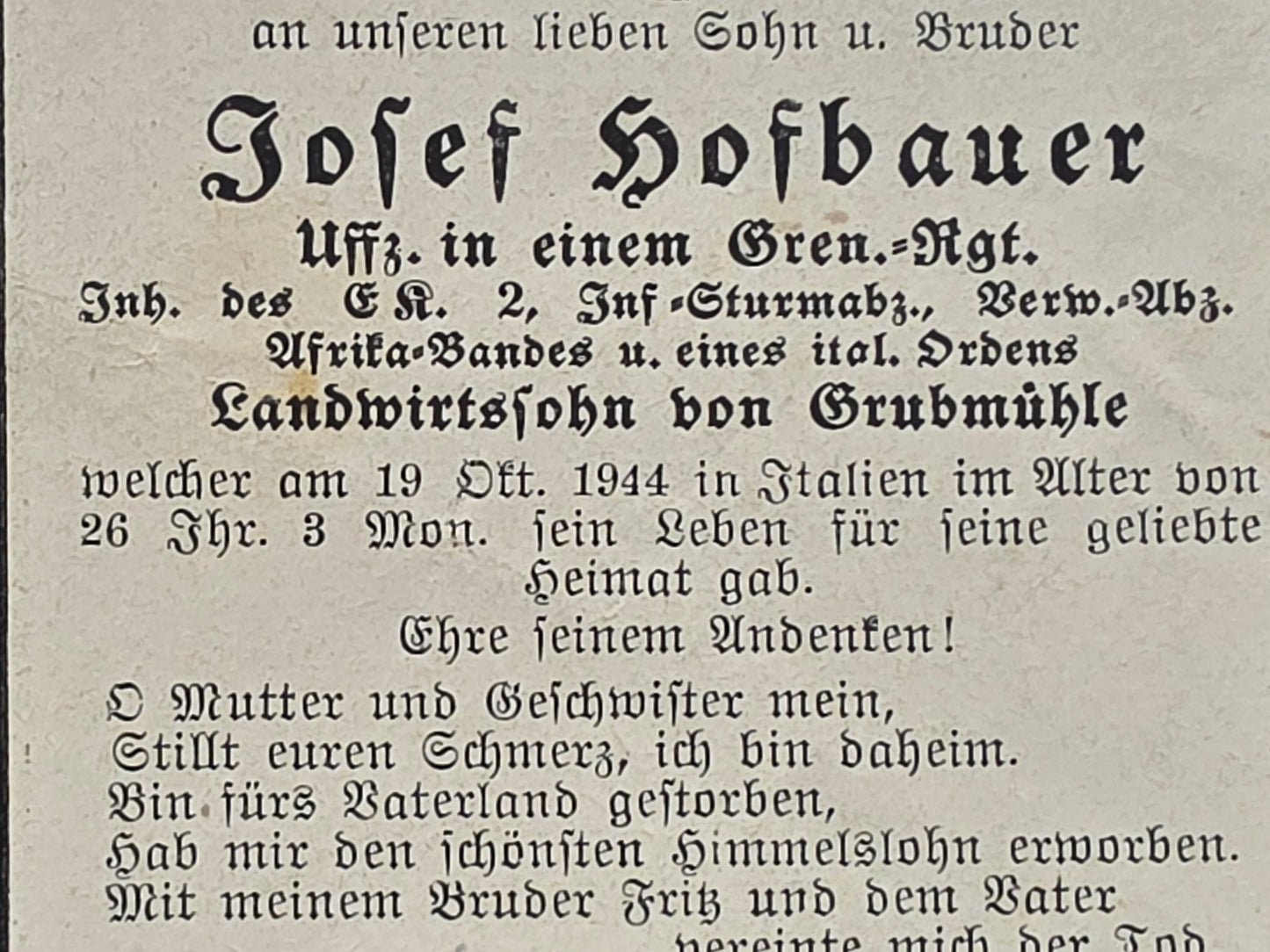 Sterbebild Unteroffizier Grubmühle Grenadier Regt. Italienischer Orden Afrika-Spange Italien