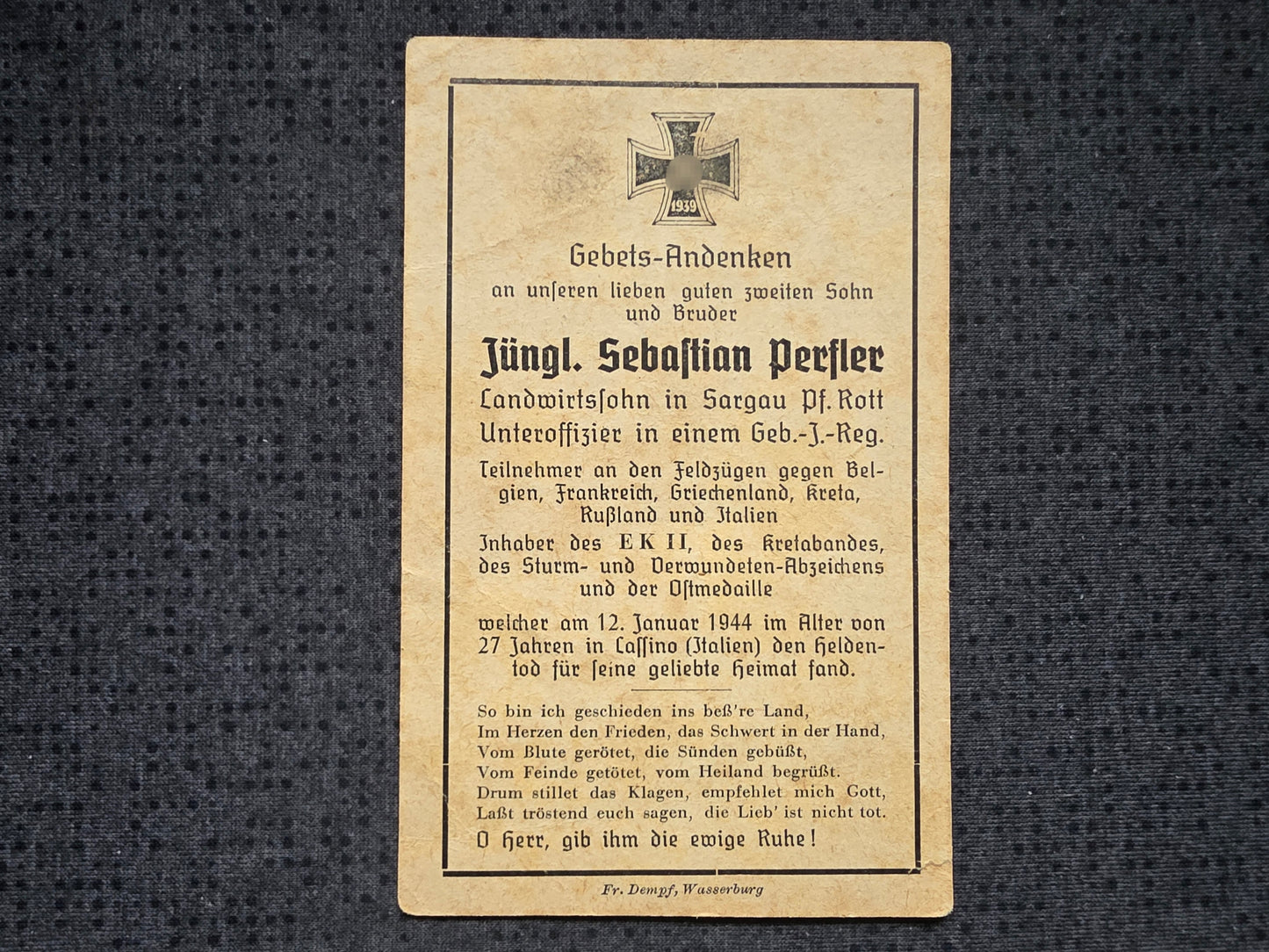 Sterbebild Unteroffizier Zainach 13. Komp. Geb.-Jäger Regt. 85 Kretaband Monte Casale Cassino Italien