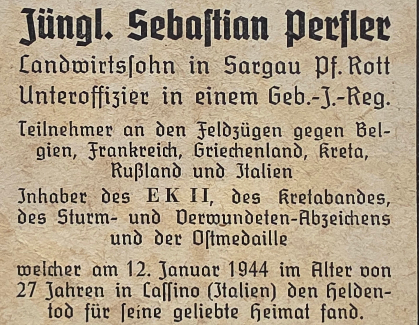 Sterbebild Unteroffizier Zainach 13. Komp. Geb.-Jäger Regt. 85 Kretaband Monte Casale Cassino Italien