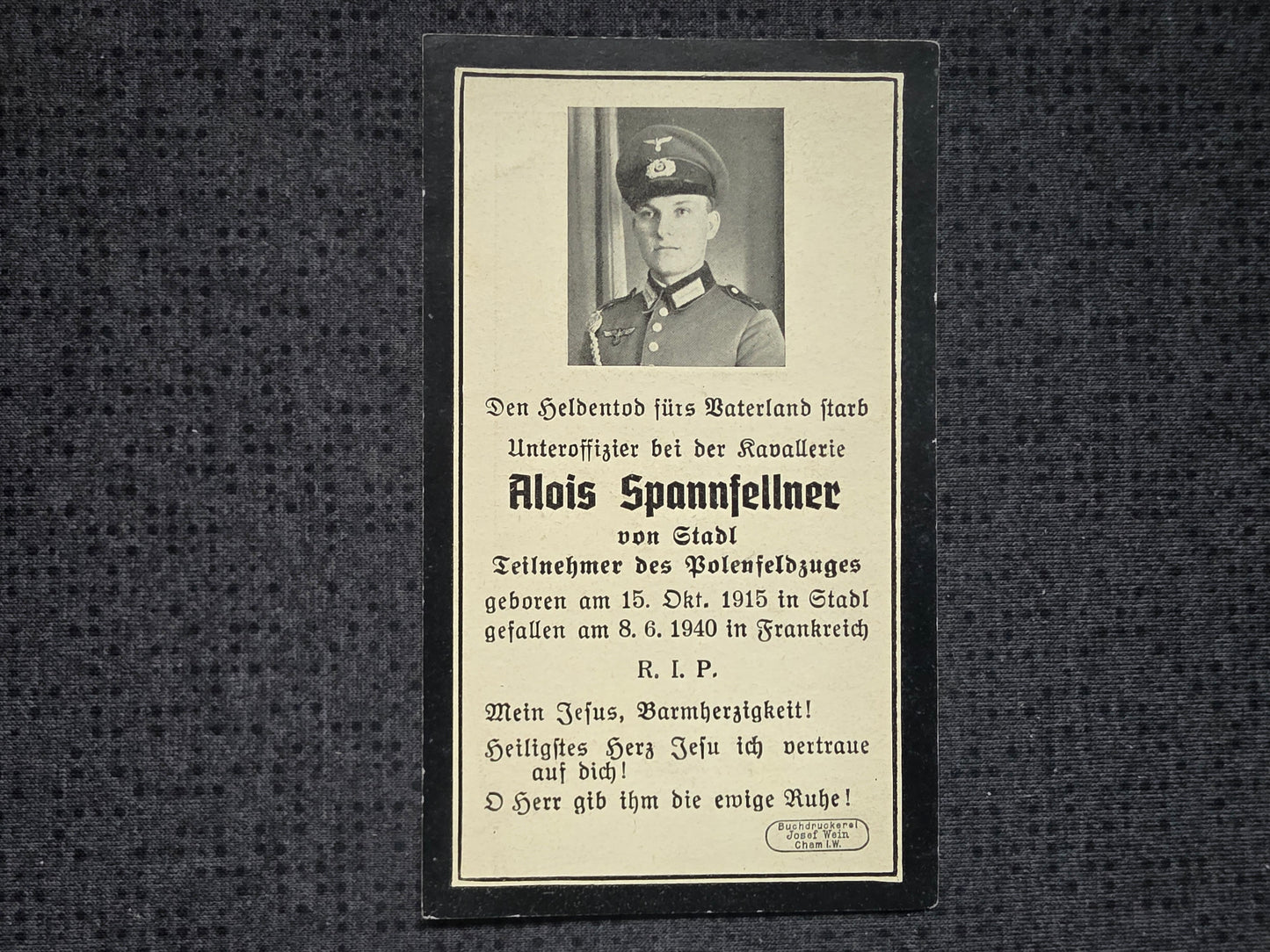 Sterbebild Unteroffizier Stadl Kavallerie Stab "Brigade Senger" Boullainvillers Frankreich