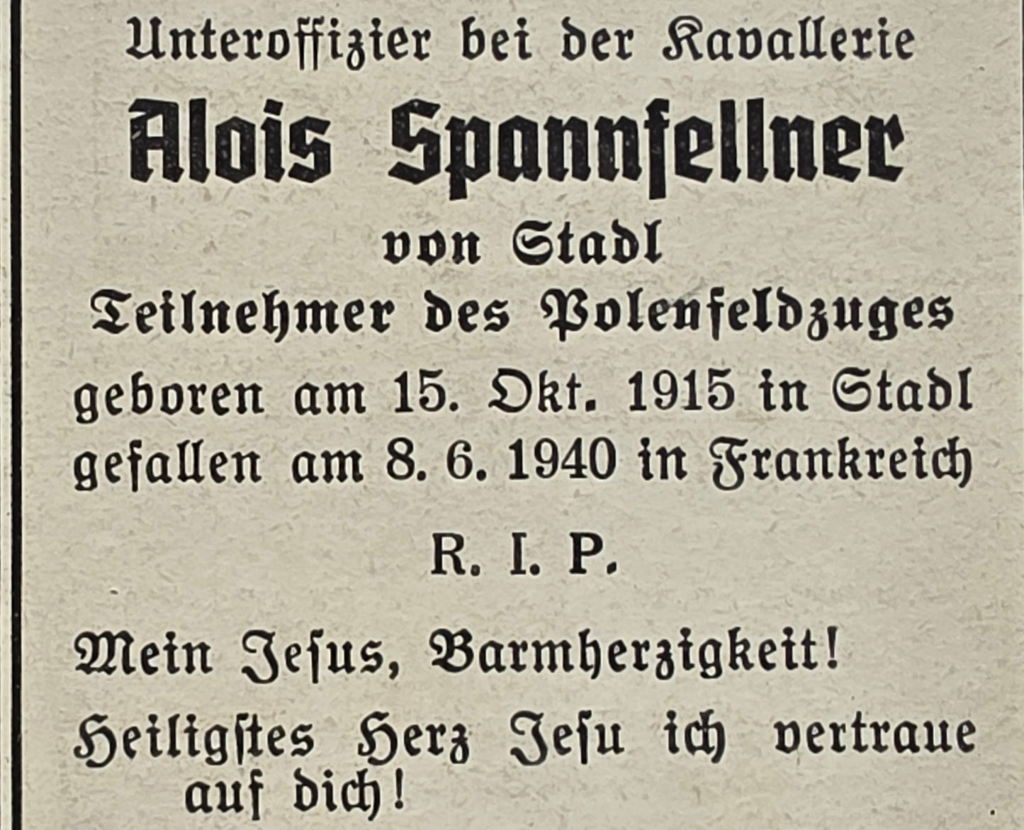 Sterbebild Unteroffizier Stadl Kavallerie Stab "Brigade Senger" Boullainvillers Frankreich