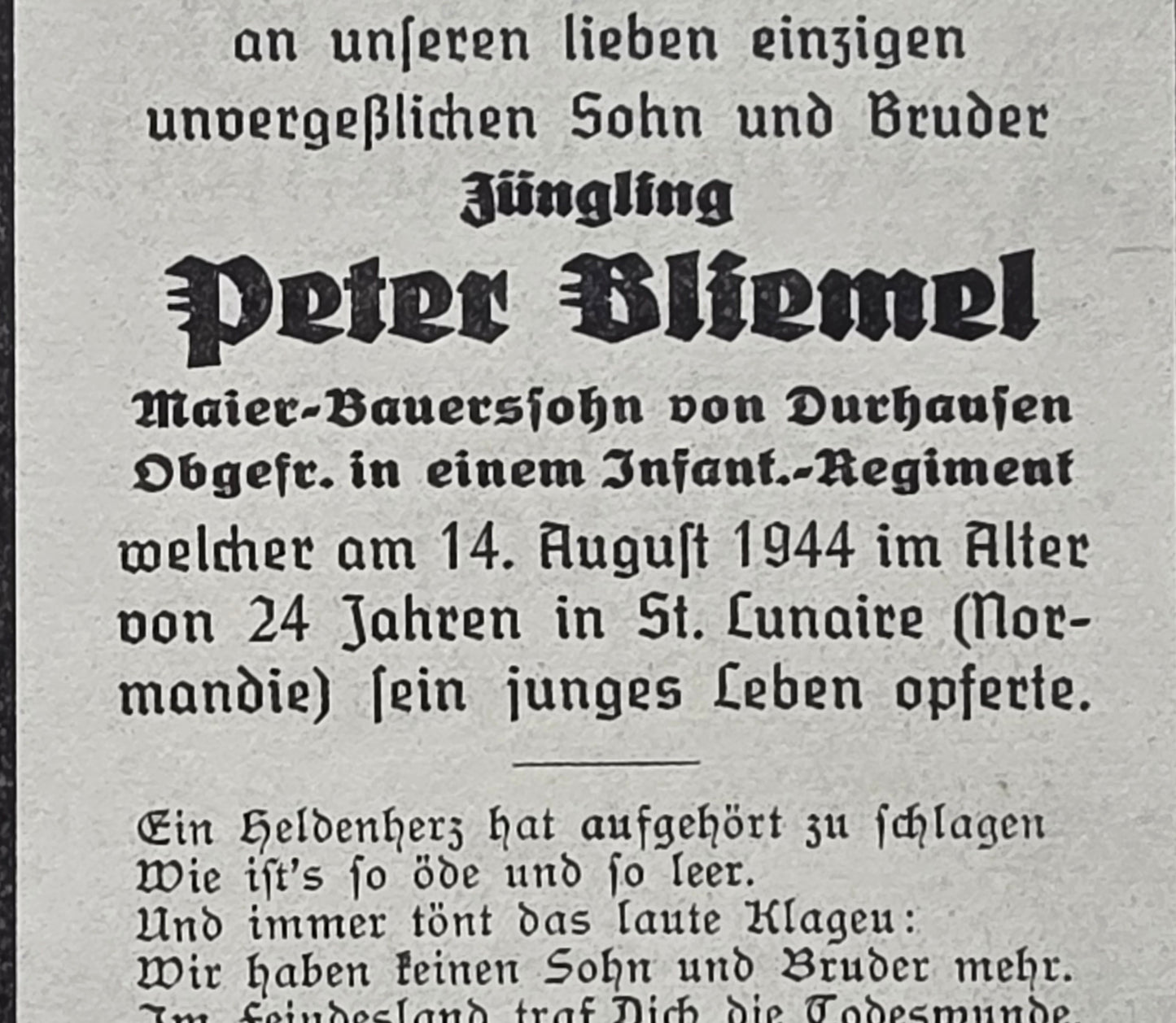 Sterbebild Obergefreiter Dürrhausen Infanterie Regt. St. Lunaire Normandie Marigny Frankreich