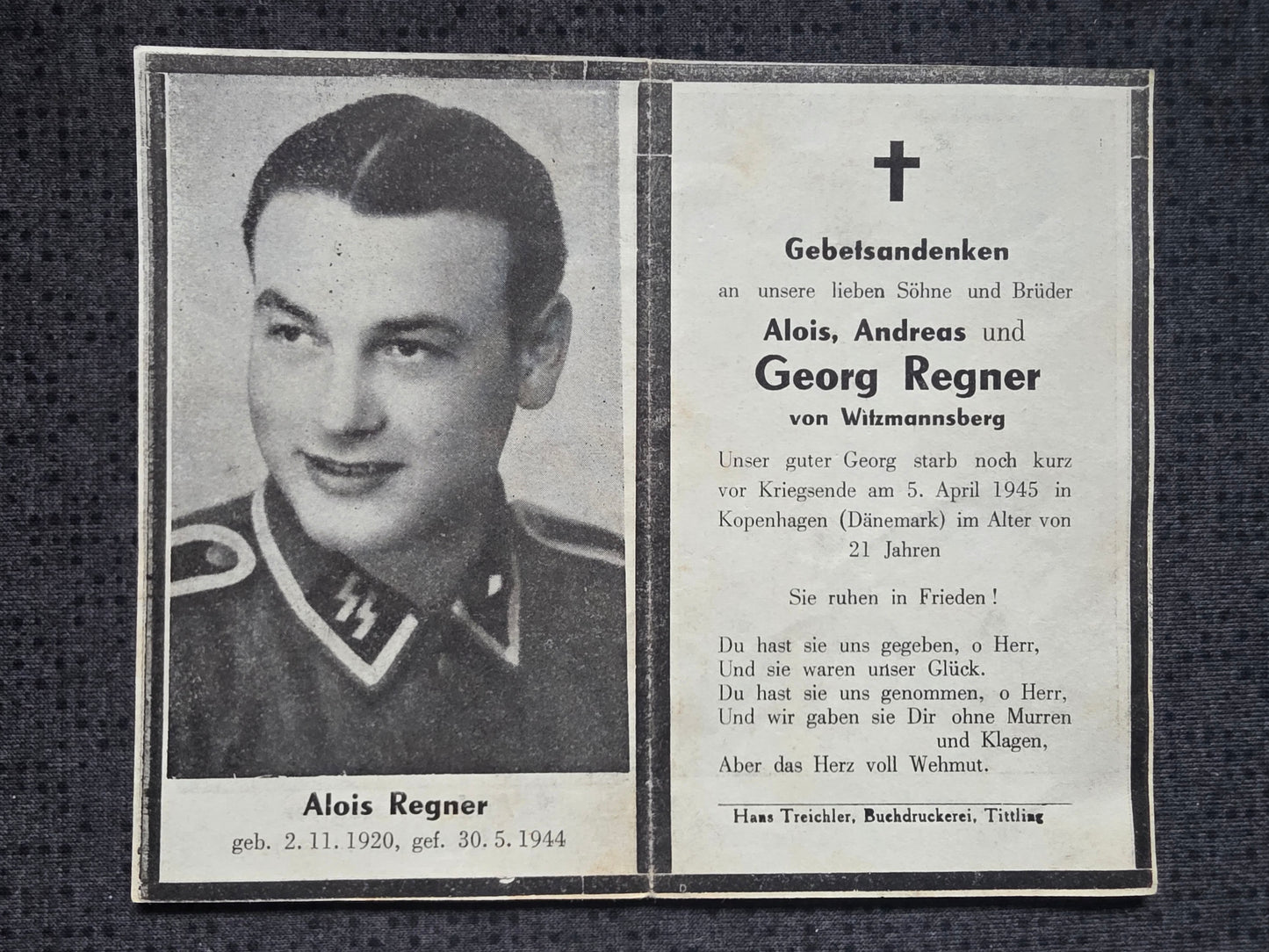 Sterbebild Brüder Witzmannsberg SS-Unterscharführer Farsalos Griechenland Panzer Regt. Kopenhagen Dänemark Obergefreiter Lilijas Lettland