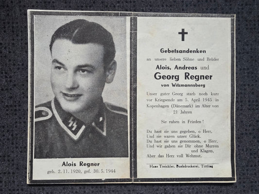 Sterbebild Brüder Witzmannsberg SS-Unterscharführer Farsalos Griechenland Panzer Regt. Kopenhagen Dänemark Obergefreiter Lilijas Lettland