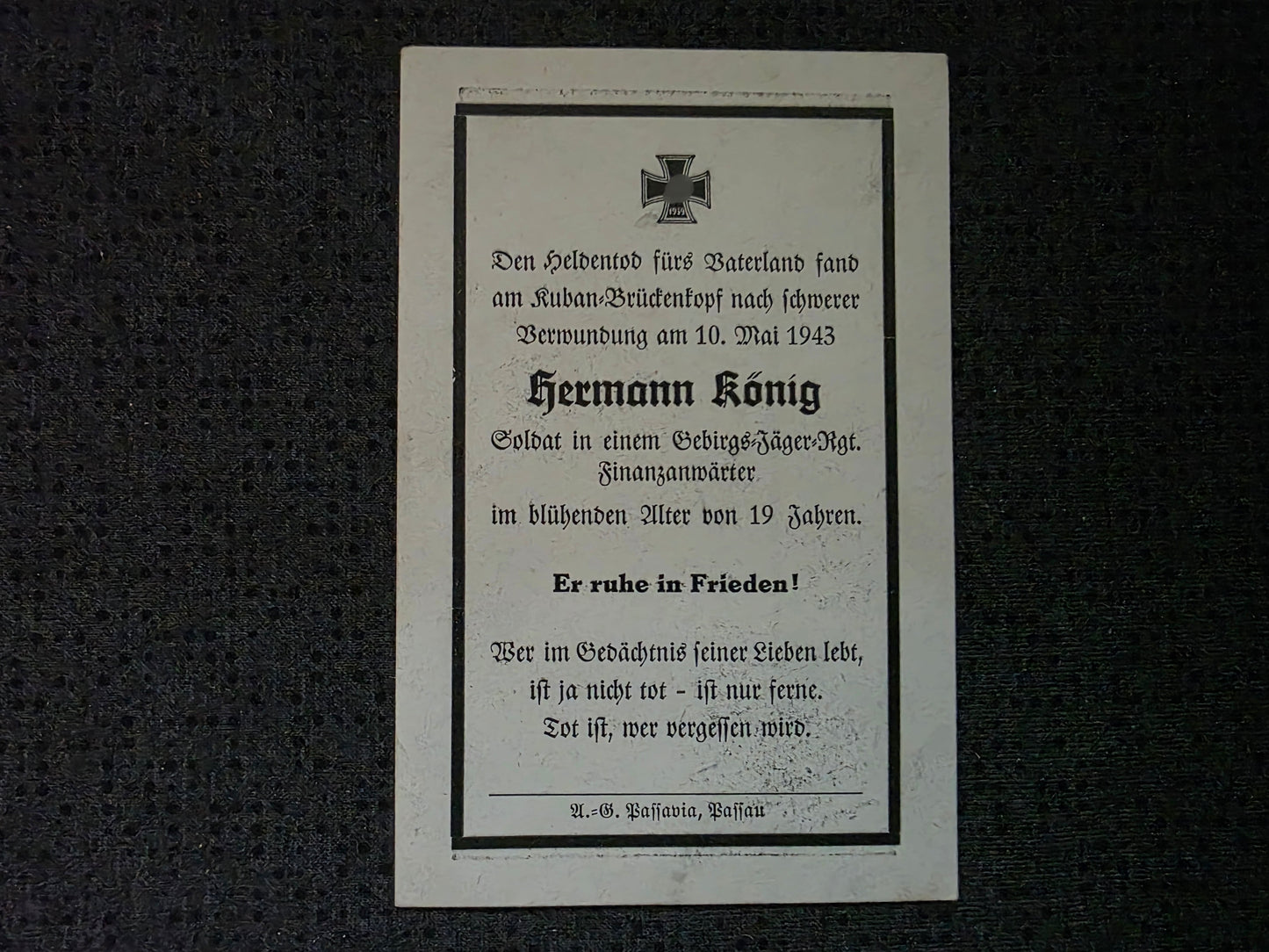 Sterbebild Jäger Passau 13. Komp. Jäger Regt. 207 Nowij Kubanbrückenkopf Russland