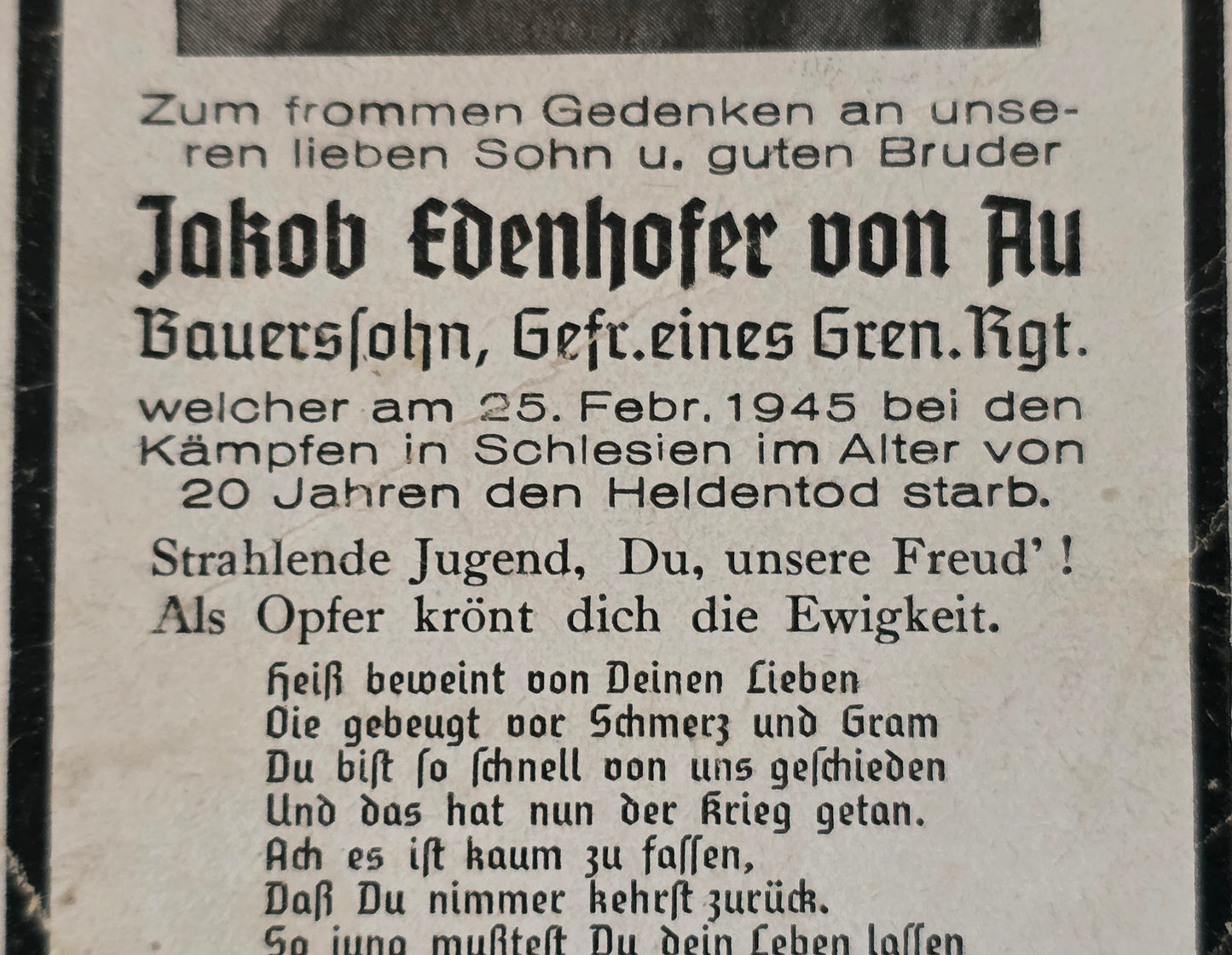 Sterbebild Gefreiter Au Grenadier Regt. Endkampf Schlesien