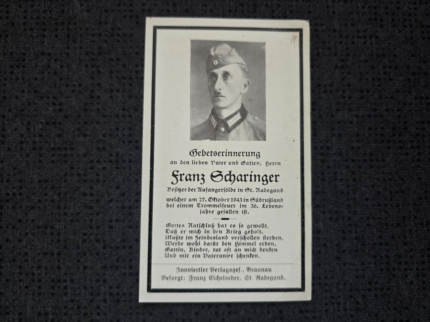 Sterbebild Gefreiter St. Radegund Trommelfeuer Russland