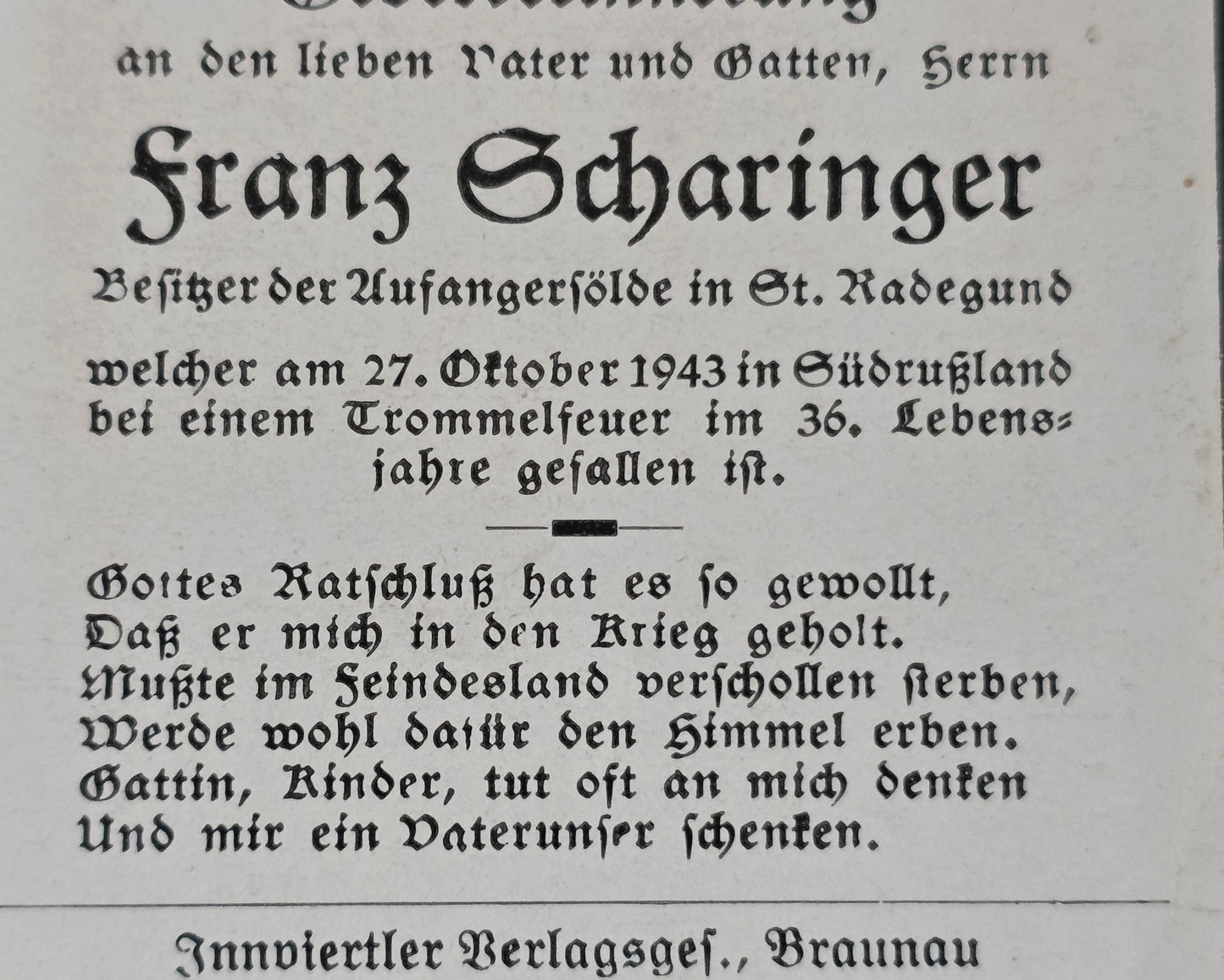 Sterbebild Gefreiter St. Radegund Trommelfeuer Russland