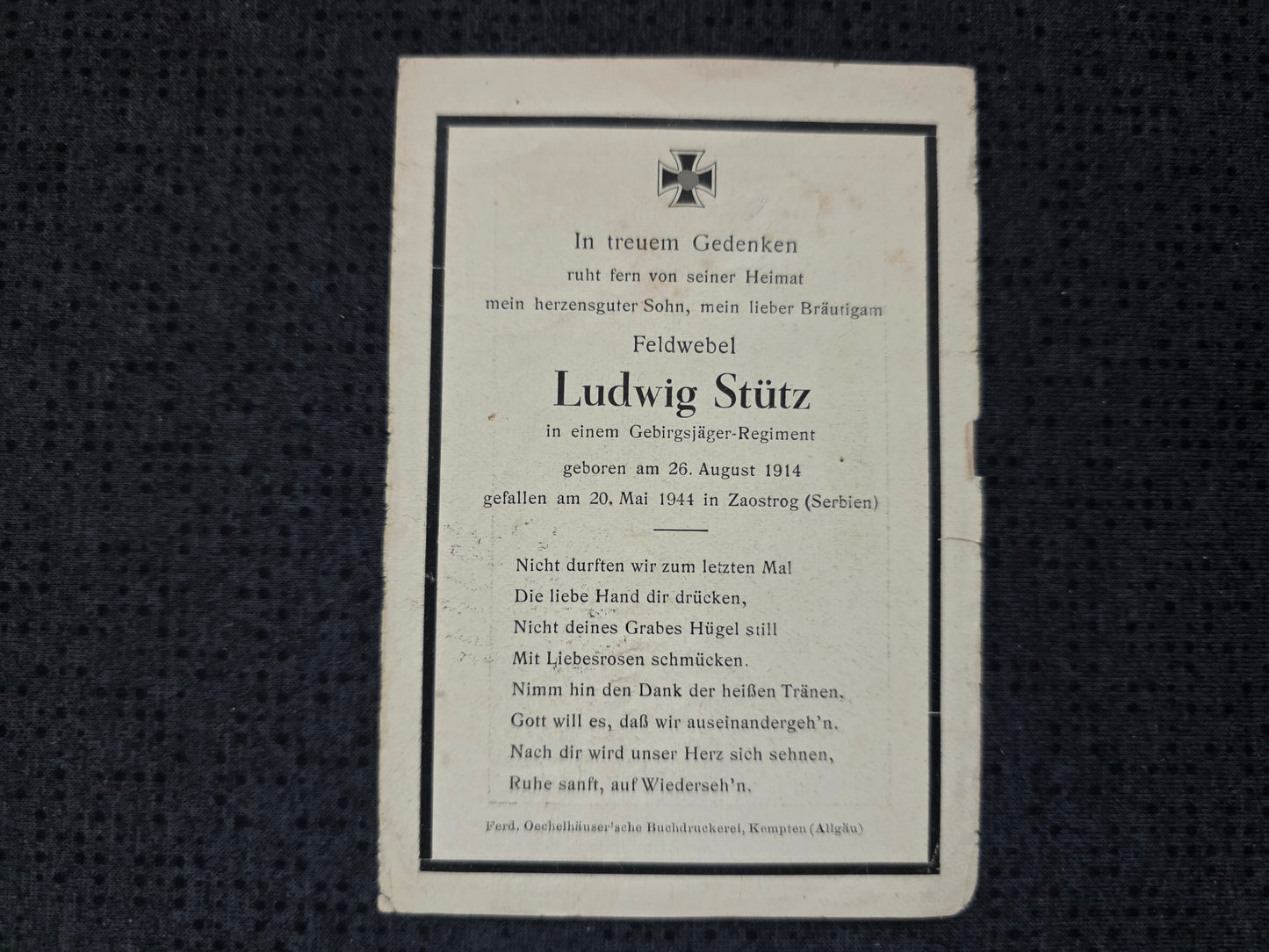 Sterbebild Feldwebel Neustadt an der Haardt Gebirgsjäger Regt. Prosik-Zavstrog Mostar Bosnien Serbien