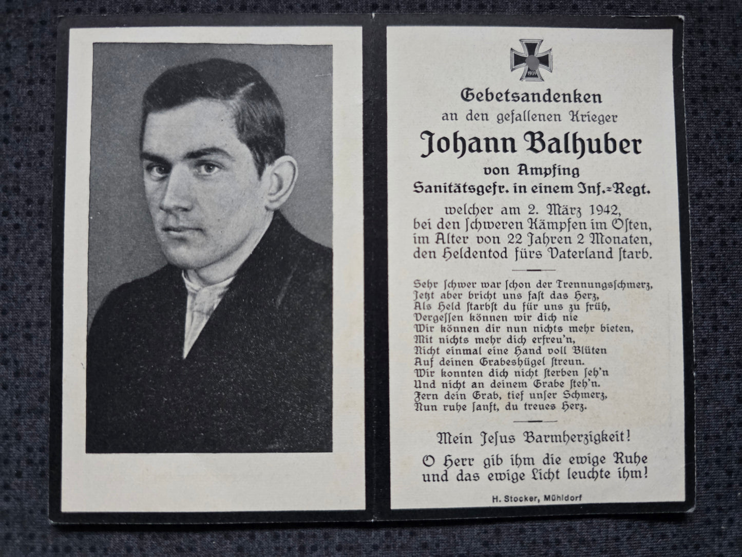 Sterbebild Sanitätsgefreiter Ampfing 7. Komp. Inf. Regt. 179 HVP Skotowaja Ukraine