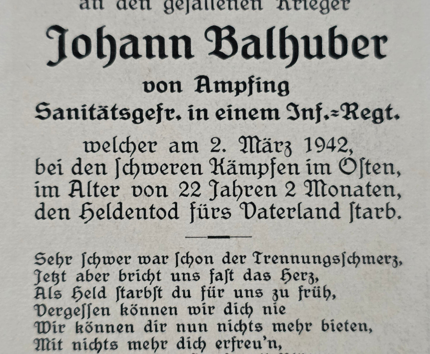 Sterbebild Sanitätsgefreiter Ampfing 7. Komp. Inf. Regt. 179 HVP Skotowaja Ukraine