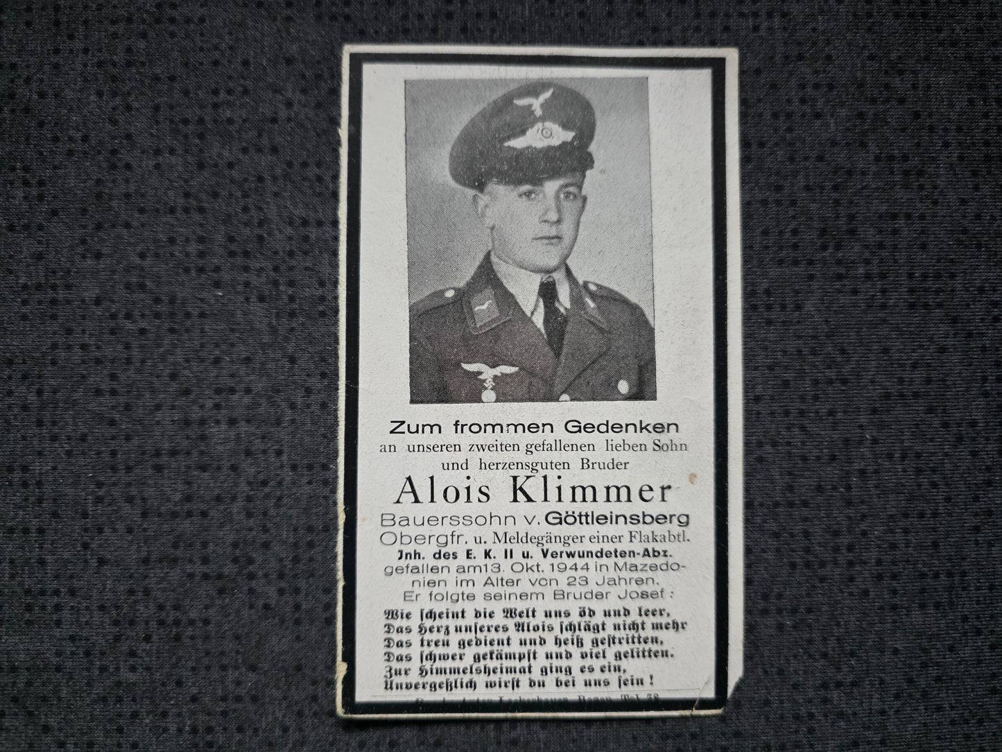 Sterbebild Obergefreiter Göttleinsberg Meldegänger Flak-Abt. Mazedonien