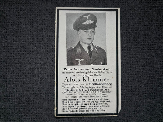 Sterbebild Obergefreiter Göttleinsberg Meldegänger Flak-Abt. Mazedonien