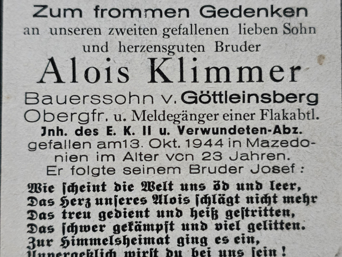 Sterbebild Obergefreiter Göttleinsberg Meldegänger Flak-Abt. Mazedonien