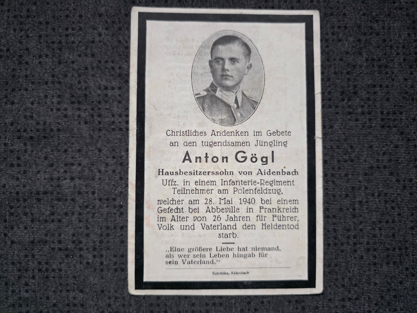Sterbebild Unteroffizier Aidenbach 10. Komp. Inf. Regt. 217 Chaumont Abbeville Frankreich