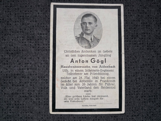 Sterbebild Unteroffizier Aidenbach 10. Komp. Inf. Regt. 217 Chaumont Abbeville Frankreich