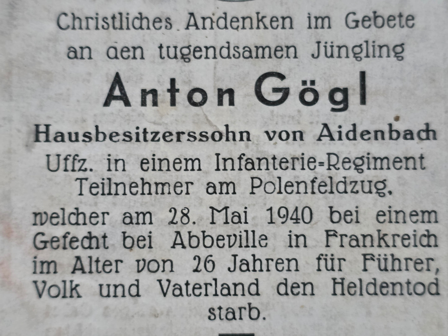Sterbebild Unteroffizier Aidenbach 10. Komp. Inf. Regt. 217 Chaumont Abbeville Frankreich