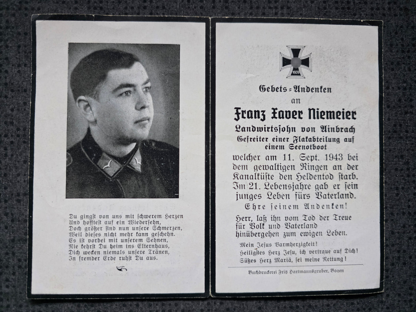 Sterbebild Gefreiter Ainbrach Flak-Abt. Seenotkommando 4 Kanalküste Le Havre Frankreich