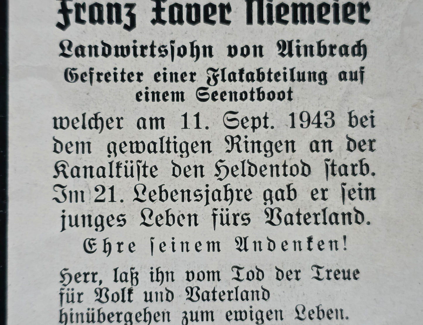 Sterbebild Gefreiter Ainbrach Flak-Abt. Seenotkommando 4 Kanalküste Le Havre Frankreich