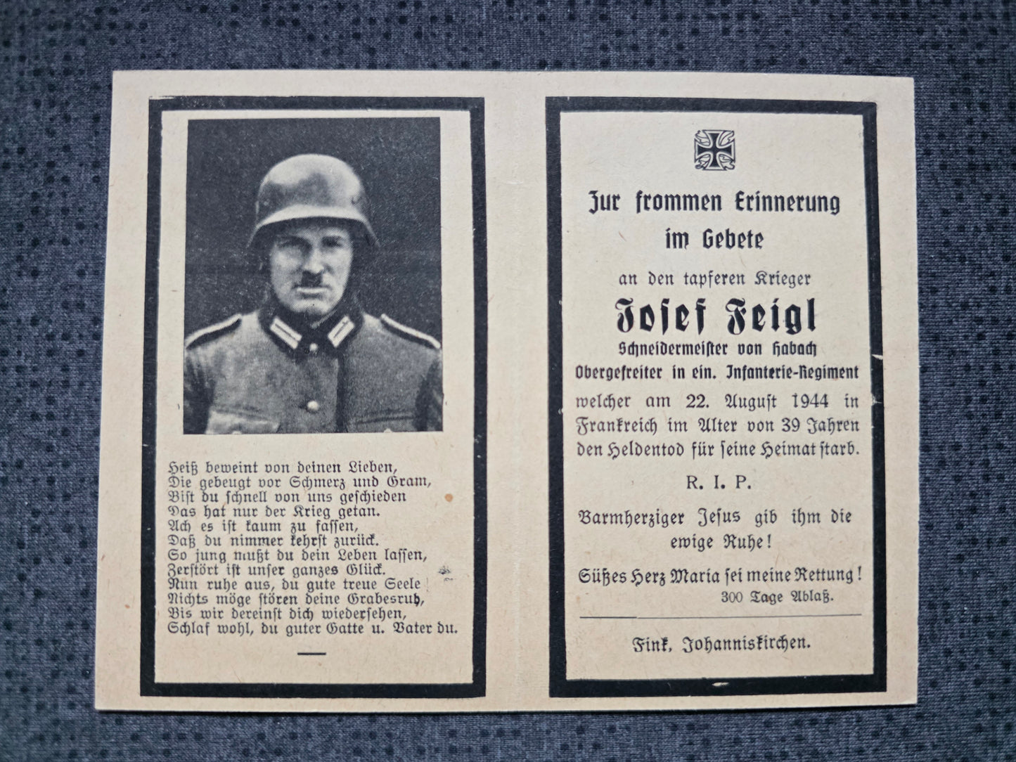Sterbebild Obergefreiter Schornbach Infanterie Regt. Monthelon Andilly Frankreich
