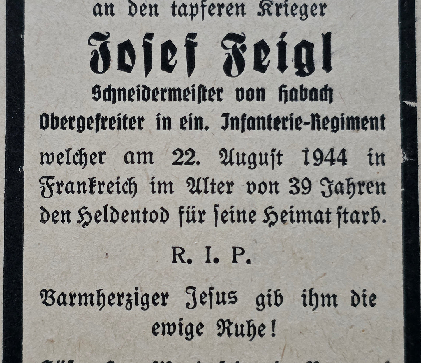 Sterbebild Obergefreiter Schornbach Infanterie Regt. Monthelon Andilly Frankreich