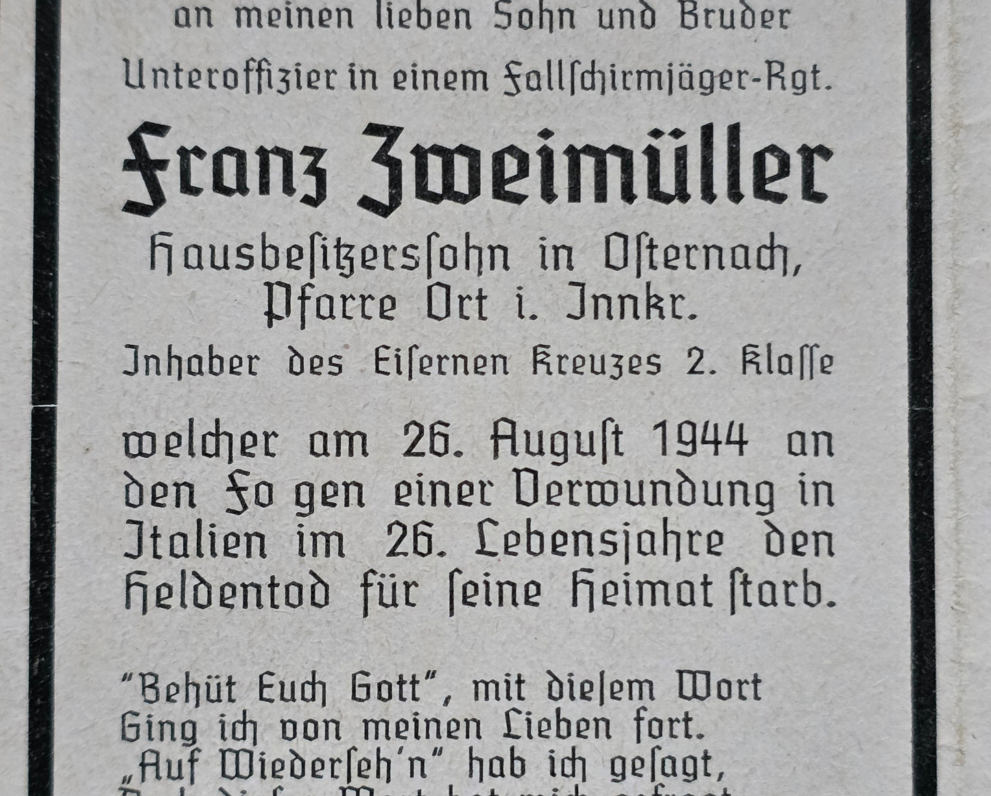 Sterbebild Unteroffizier Osternach Fallschirmjäger Regt. Futa-Pass Italien