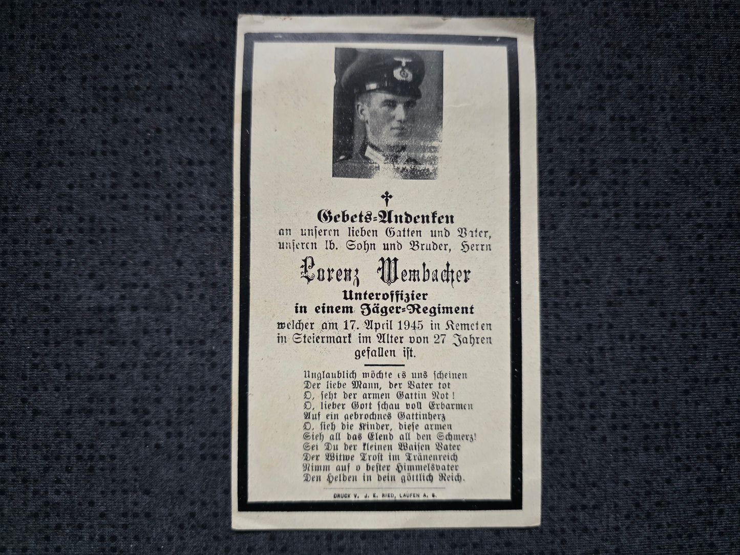 Sterbebild Unteroffizier Surheim Jäger Regt. Endkampf Kemeten Steiermark Österreich