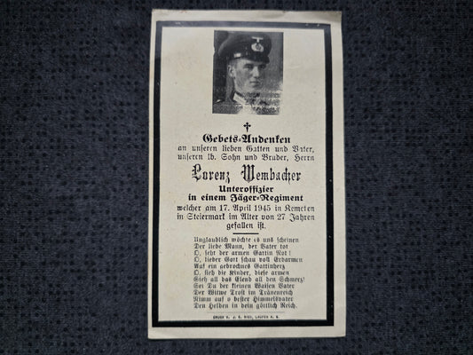 Sterbebild Unteroffizier Surheim Jäger Regt. Endkampf Kemeten Steiermark Österreich