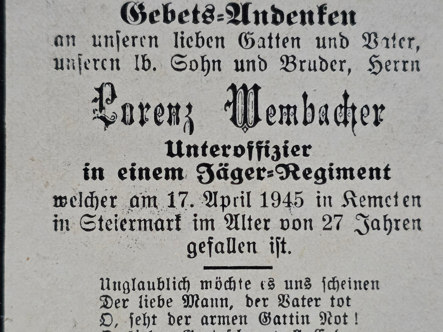 Sterbebild Unteroffizier Surheim Jäger Regt. Endkampf Kemeten Steiermark Österreich