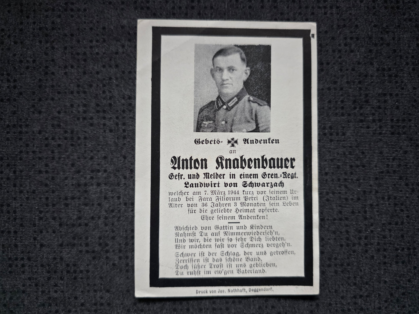 Sterbebild Gefreiter Schwarzach Melder Grenadier Regt. Fara Filiorum Petri Italien - www.mmilitaria.com