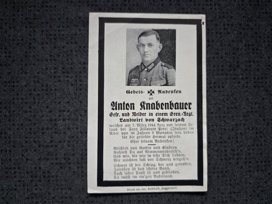 Sterbebild Gefreiter Schwarzach Melder Grenadier Regt. Fara Filiorum Petri Italien - www.mmilitaria.com