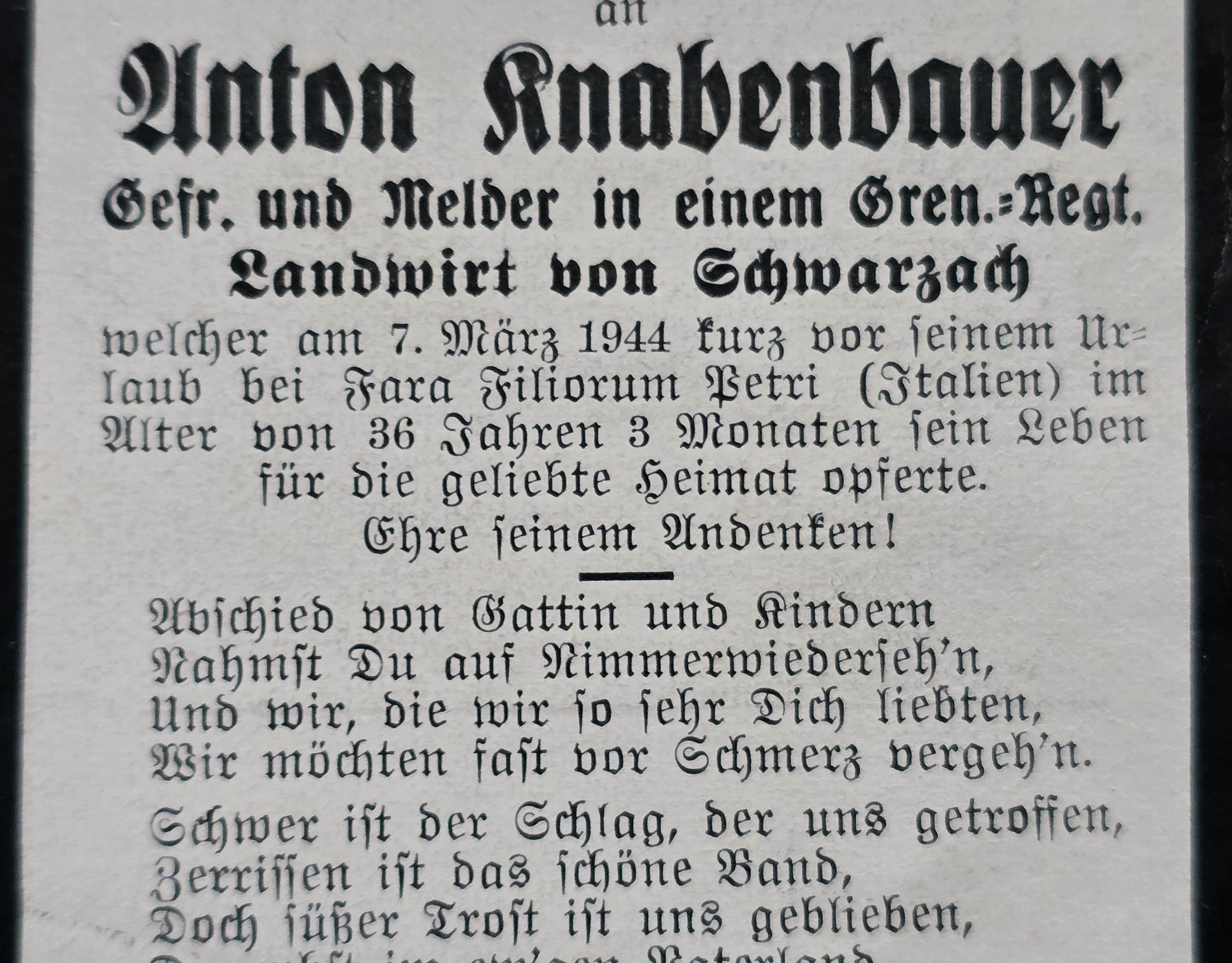 Sterbebild Gefreiter Schwarzach Melder Grenadier Regt. Fara Filiorum Petri Italien - www.mmilitaria.com