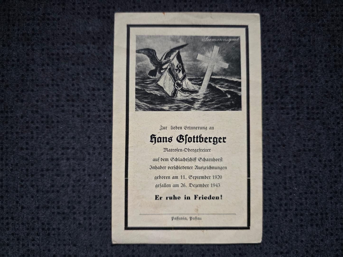 Sterbebild Matrosen-Obergefreiter Schlachtschiff "Scharnhorst" Norwegen Nordkap