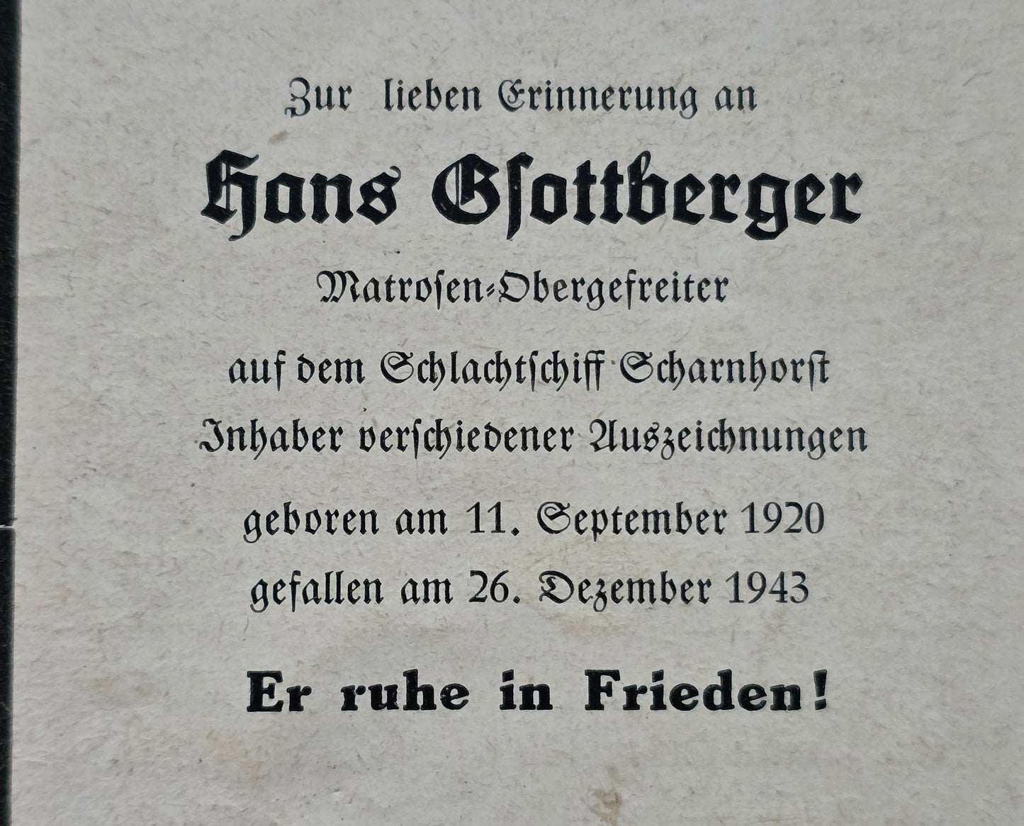 Sterbebild Matrosen-Obergefreiter Schlachtschiff "Scharnhorst" Norwegen Nordkap