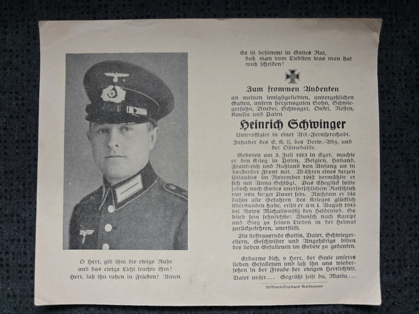 Sterbebild Unteroffizier Eger 10. Batterie Art. Regt. 198 Nowo-Prokowsky Russland