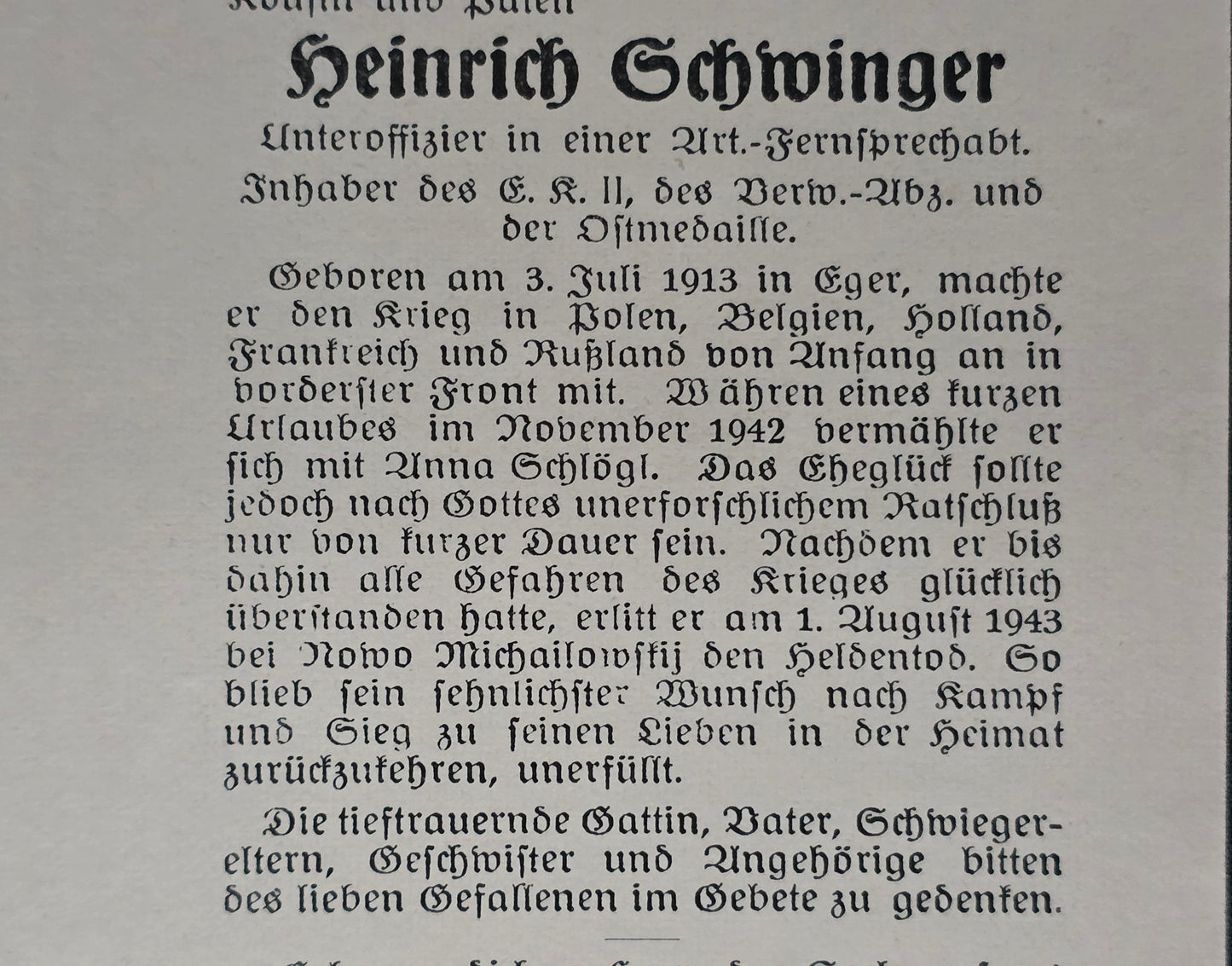 Sterbebild Unteroffizier Eger 10. Batterie Art. Regt. 198 Nowo-Prokowsky Russland