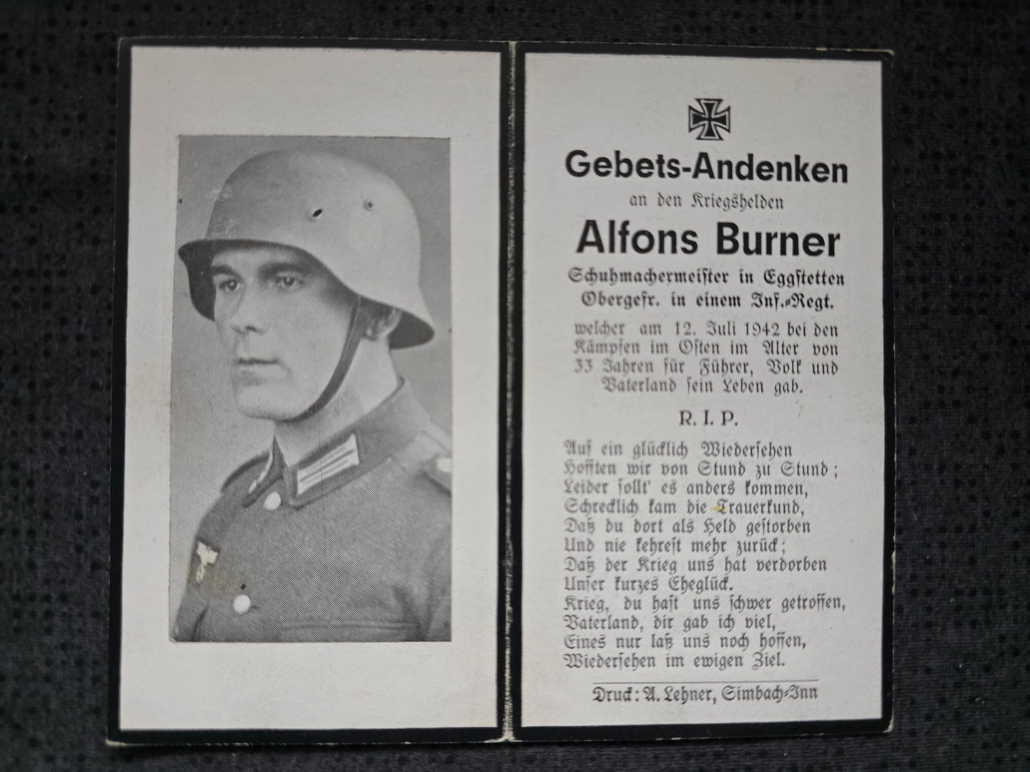 Sterbebild Obergefreiter Derschlhof 1. Komp. Inf. Regt. 19 Waldbrücke Ssorokino Russland