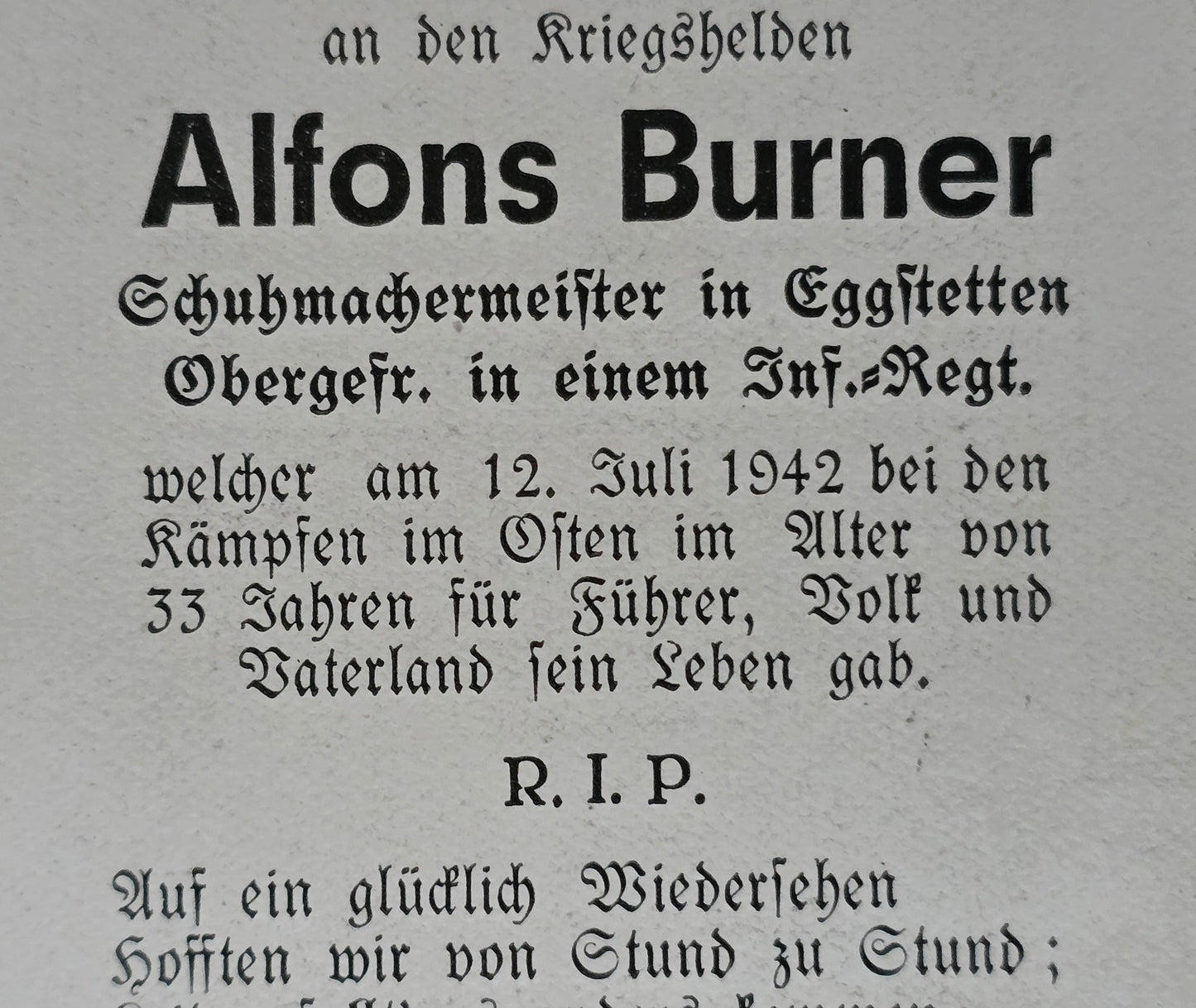 Sterbebild Obergefreiter Derschlhof 1. Komp. Inf. Regt. 19 Waldbrücke Ssorokino Russland