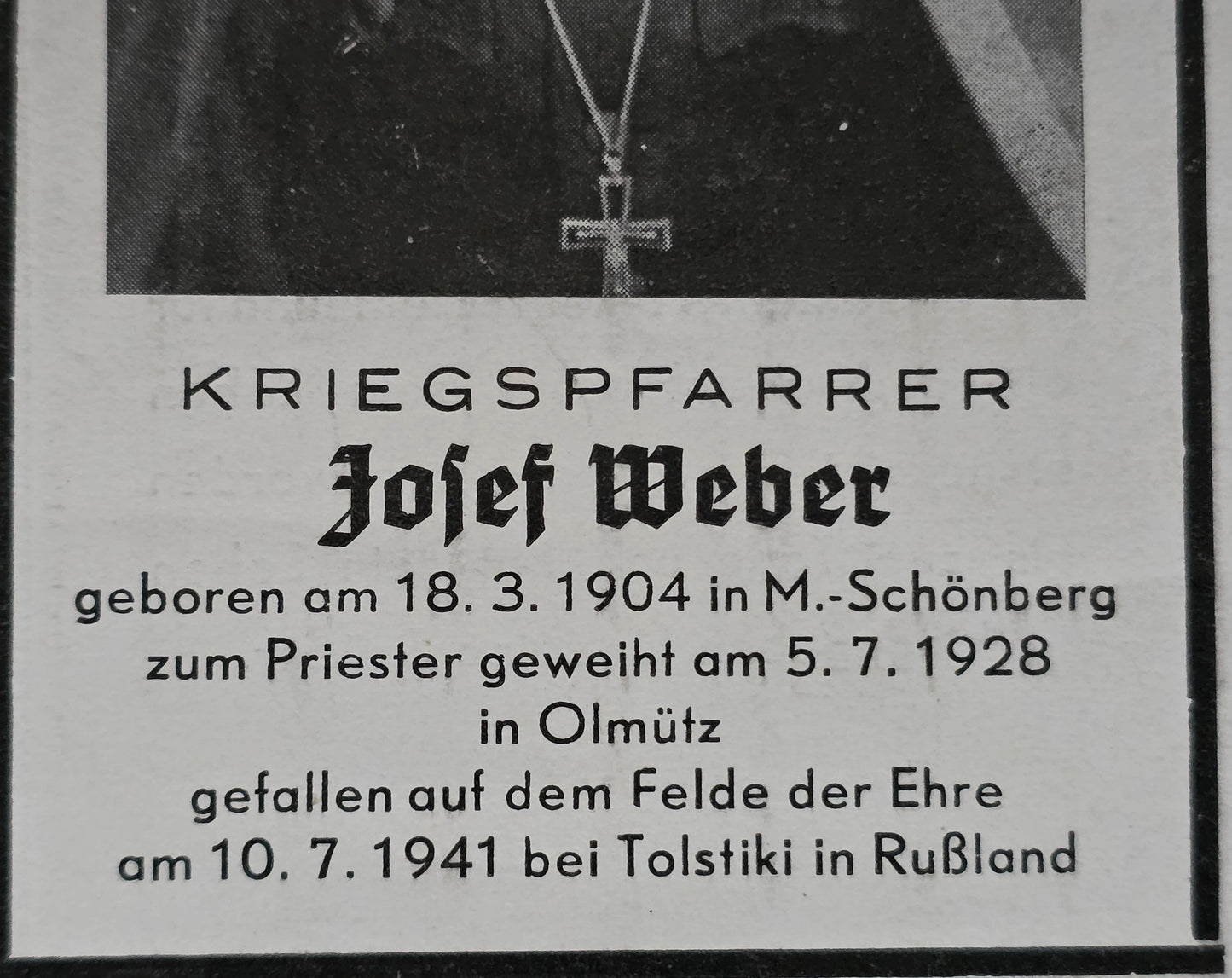 Sterbebild Divisionspfarrer Priester Mährisch Schönberg Stab 122 Inf. Division Tolstiki Russland